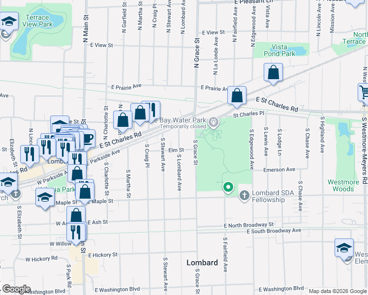 map of restaurants, bars, coffee shops, grocery stores, and more near 99 South Lombard Avenue in Lombard