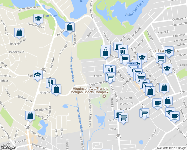 map of restaurants, bars, coffee shops, grocery stores, and more near 81 Emmett Street in Central Falls