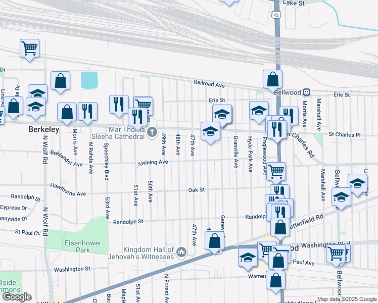 map of restaurants, bars, coffee shops, grocery stores, and more near 236 47th Avenue in Bellwood