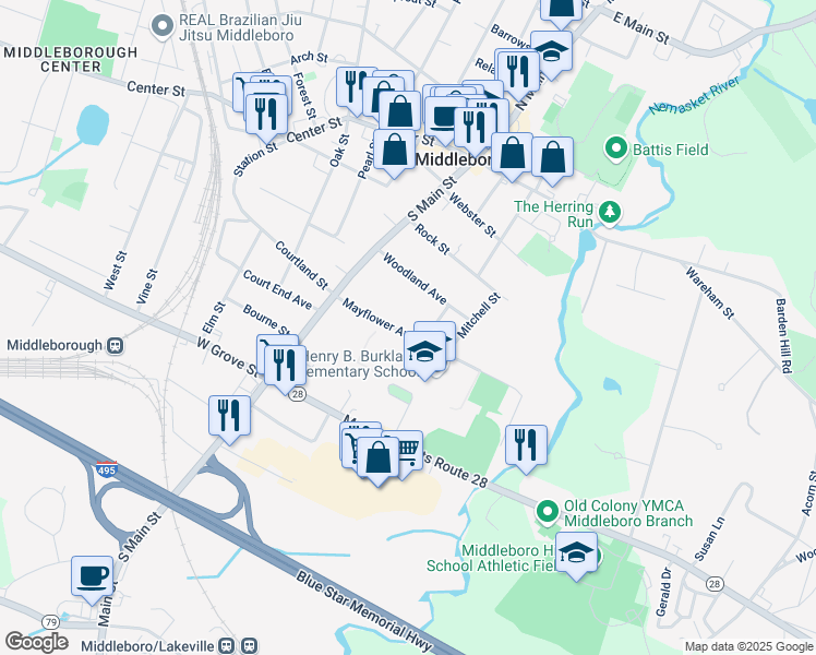 map of restaurants, bars, coffee shops, grocery stores, and more near 34 Mayflower Avenue in Middleborough