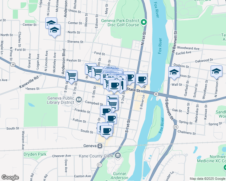 map of restaurants, bars, coffee shops, grocery stores, and more near 12 South 3rd Street in Geneva