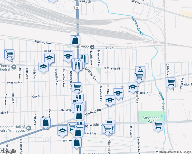 map of restaurants, bars, coffee shops, grocery stores, and more near 3825 Saint Charles Road in Bellwood