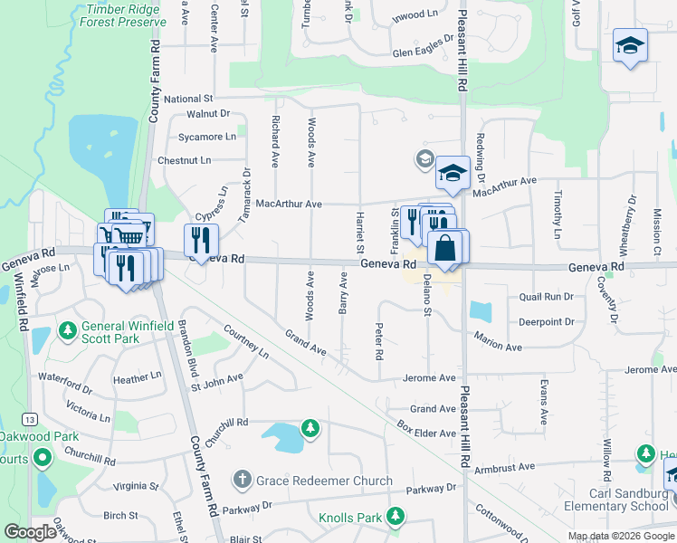 map of restaurants, bars, coffee shops, grocery stores, and more near 26W441 Geneva Road in Wheaton