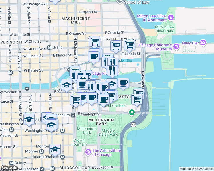 map of restaurants, bars, coffee shops, grocery stores, and more near 323 East Wacker Drive in Chicago