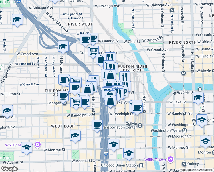 map of restaurants, bars, coffee shops, grocery stores, and more near 670 West Wayman Street in Chicago