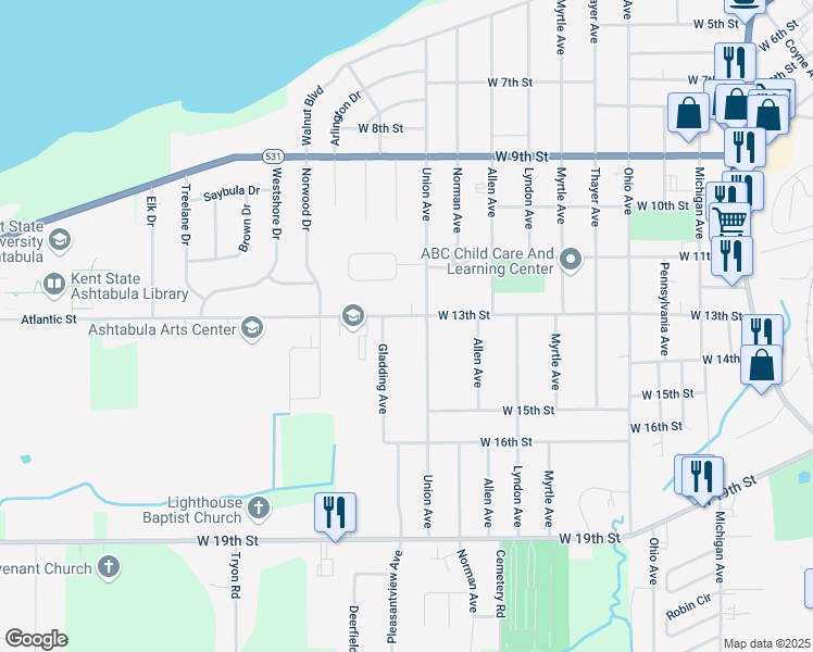 map of restaurants, bars, coffee shops, grocery stores, and more near 2522 West 13th Street in Ashtabula