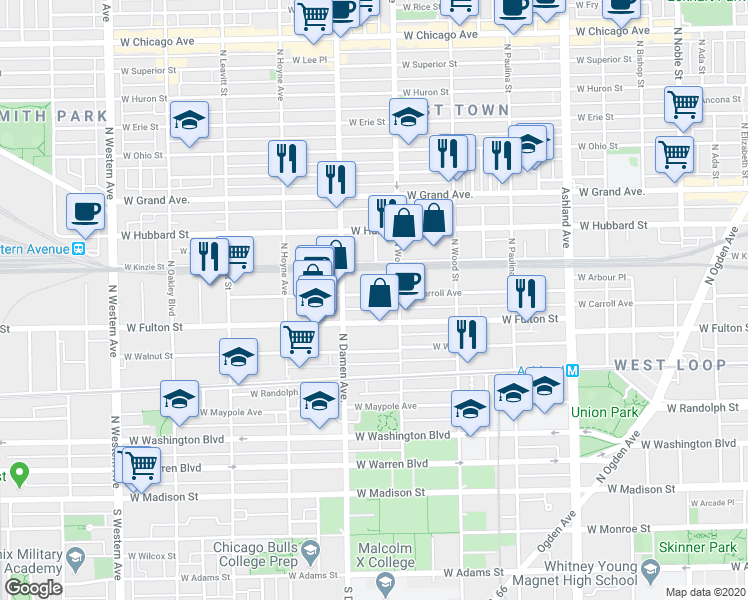 map of restaurants, bars, coffee shops, grocery stores, and more near 1901 West Carroll Avenue in Chicago