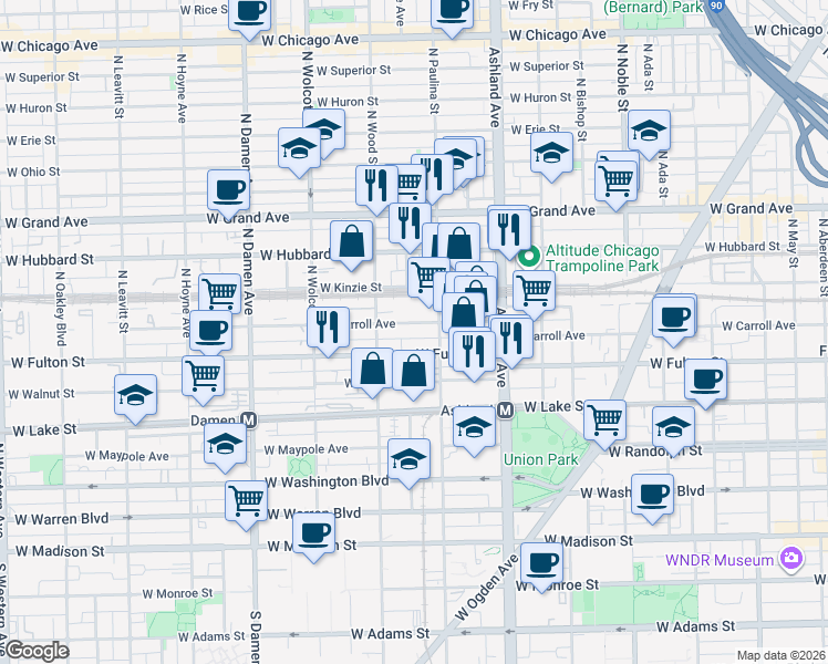 map of restaurants, bars, coffee shops, grocery stores, and more near 1725 West Carroll Avenue in Chicago