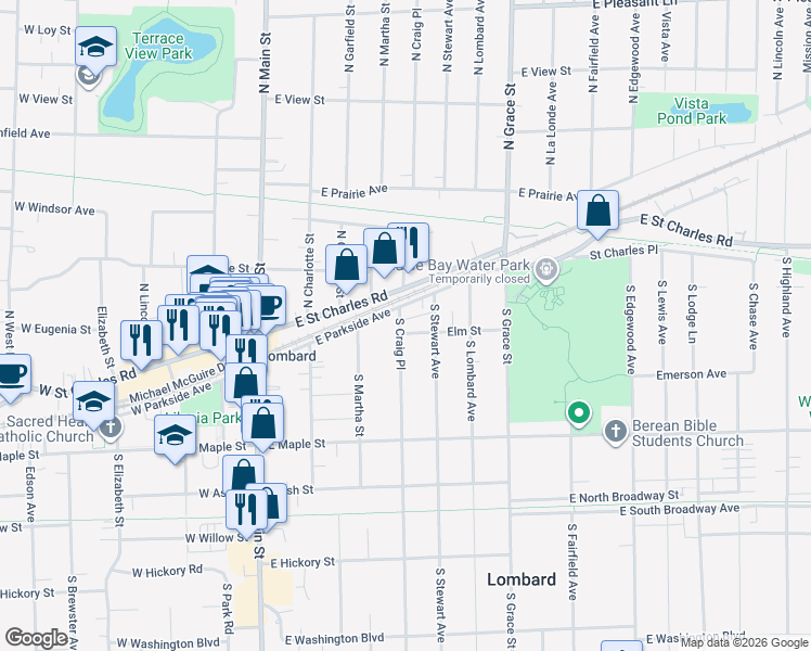 map of restaurants, bars, coffee shops, grocery stores, and more near 302 Elm Street in Lombard
