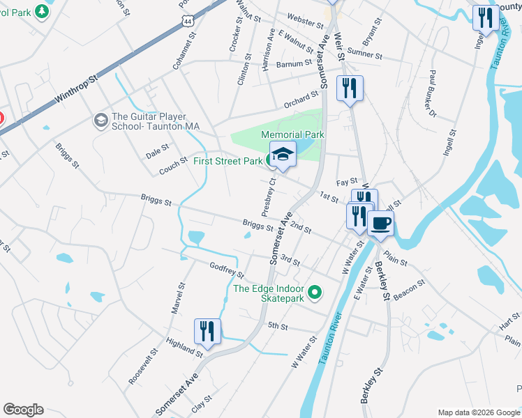 map of restaurants, bars, coffee shops, grocery stores, and more near 16 Presbrey Court in Taunton