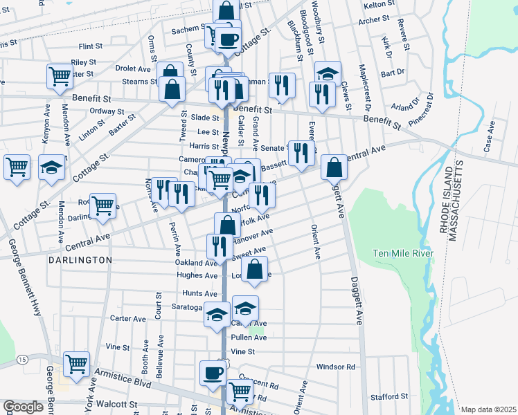 map of restaurants, bars, coffee shops, grocery stores, and more near 149 Norfolk Ave in Pawtucket