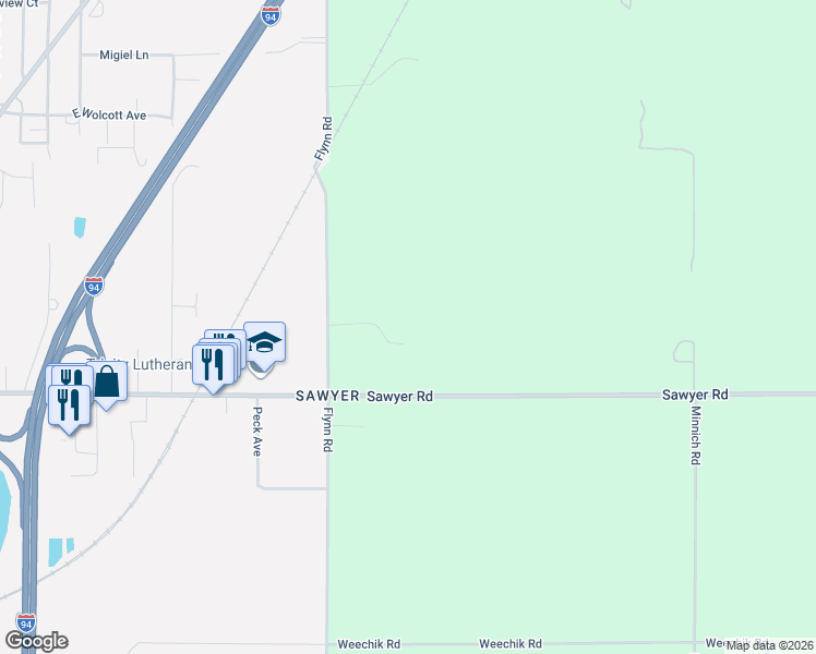 map of restaurants, bars, coffee shops, grocery stores, and more near 5551 Sawyer Road in Sawyer