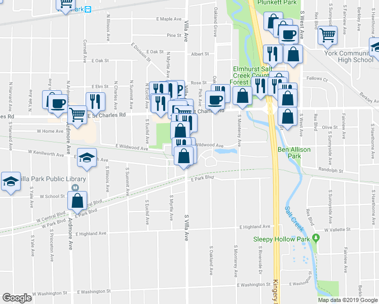 map of restaurants, bars, coffee shops, grocery stores, and more near 103 South Villa Avenue in Villa Park
