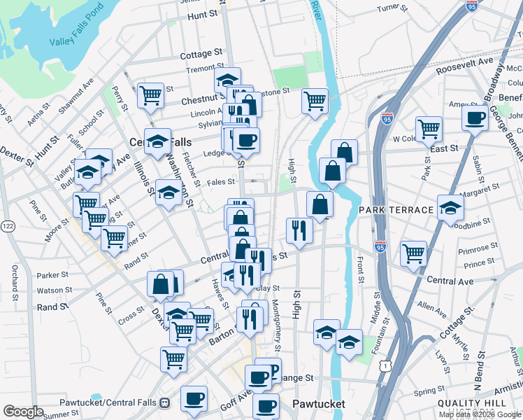 map of restaurants, bars, coffee shops, grocery stores, and more near in Central Falls