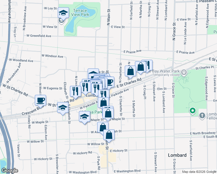 map of restaurants, bars, coffee shops, grocery stores, and more near 2 East Saint Charles Road in Lombard