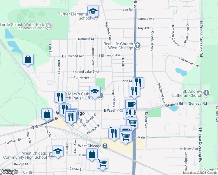 map of restaurants, bars, coffee shops, grocery stores, and more near 423 Virgie Place in West Chicago