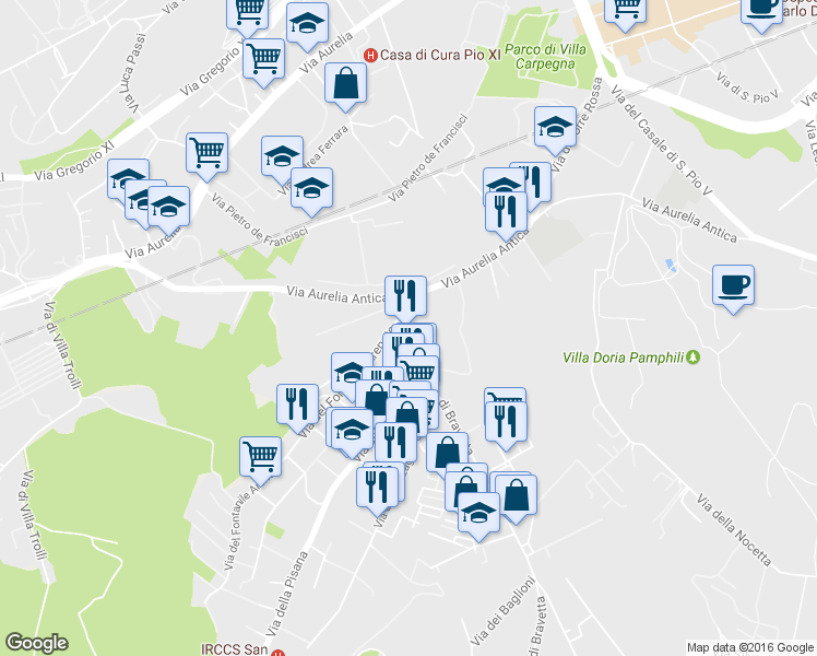 map of restaurants, bars, coffee shops, grocery stores, and more near 16 Via di Bravetta in Rome