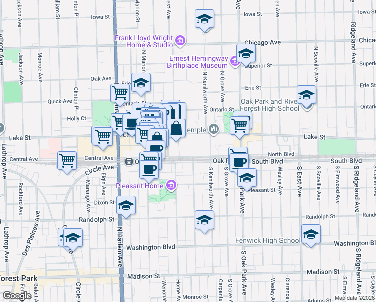 map of restaurants, bars, coffee shops, grocery stores, and more near 950 North Boulevard in Oak Park