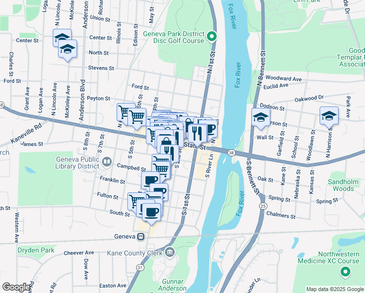 map of restaurants, bars, coffee shops, grocery stores, and more near 130 West State Street in Geneva