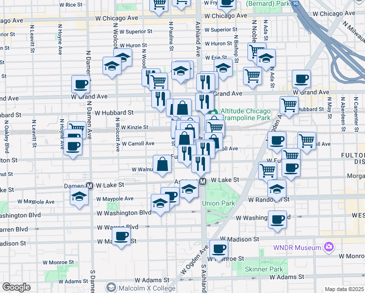 map of restaurants, bars, coffee shops, grocery stores, and more near 1651 West Carroll Avenue in Chicago