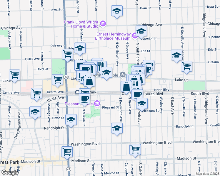 map of restaurants, bars, coffee shops, grocery stores, and more near in Oak Park