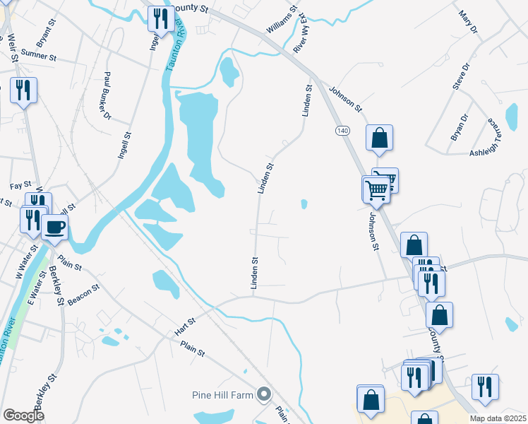 map of restaurants, bars, coffee shops, grocery stores, and more near 72 Linden Street in Taunton