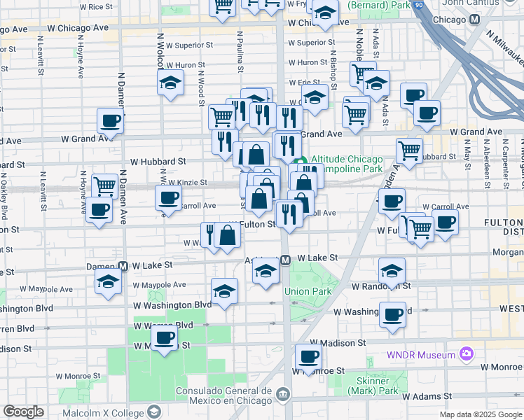 map of restaurants, bars, coffee shops, grocery stores, and more near 1651 West Carroll Avenue in Chicago