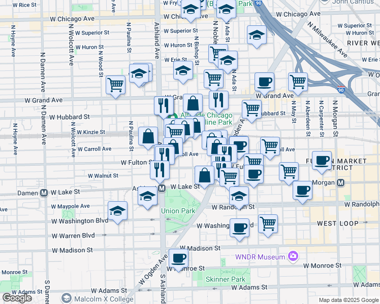 map of restaurants, bars, coffee shops, grocery stores, and more near 1502 West Carroll Avenue in Chicago