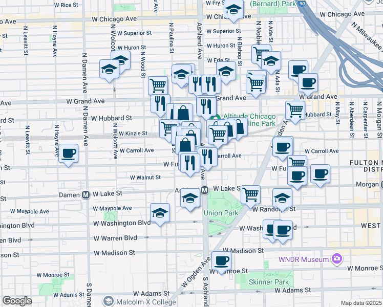 map of restaurants, bars, coffee shops, grocery stores, and more near 330 North Ashland Avenue in Chicago