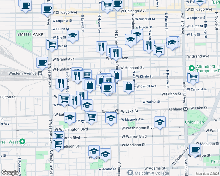 map of restaurants, bars, coffee shops, grocery stores, and more near 2023 West Carroll Avenue in Chicago