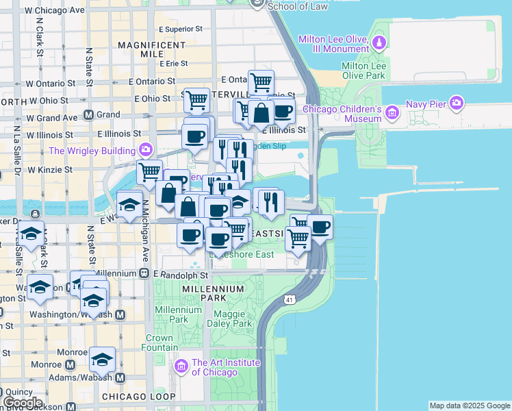 map of restaurants, bars, coffee shops, grocery stores, and more near 229 East Wacker Drive in Chicago