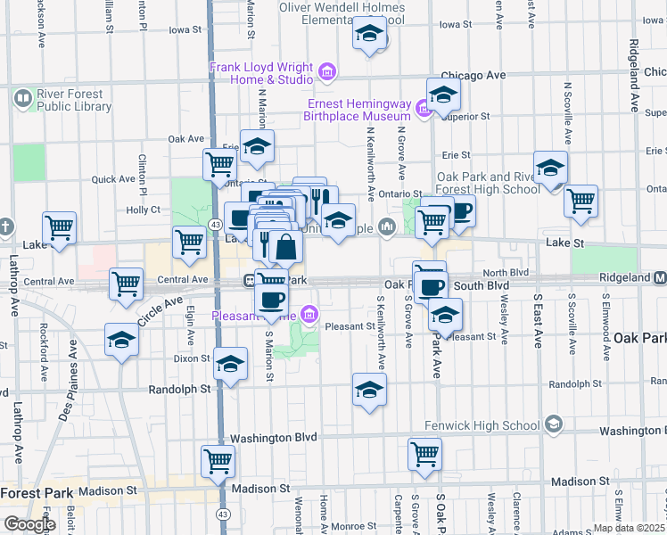 map of restaurants, bars, coffee shops, grocery stores, and more near 950 North Boulevard in Oak Park