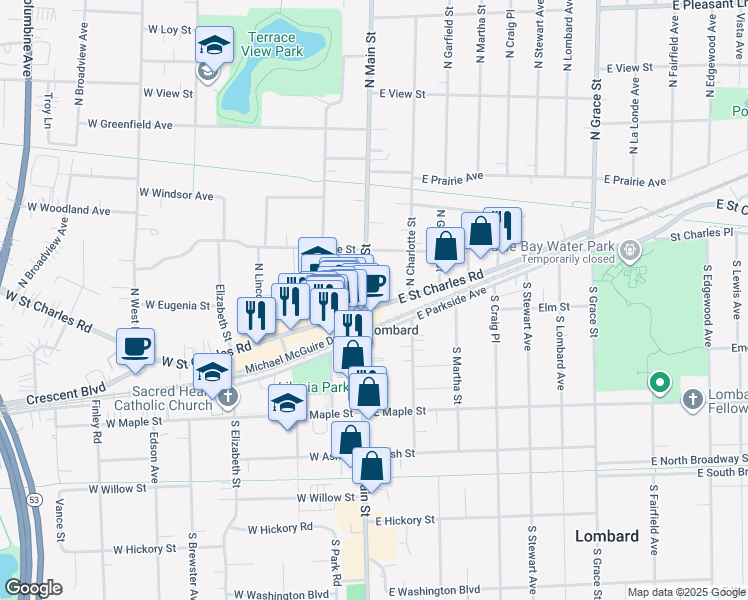 map of restaurants, bars, coffee shops, grocery stores, and more near 6 1/2 North Main Street in Lombard