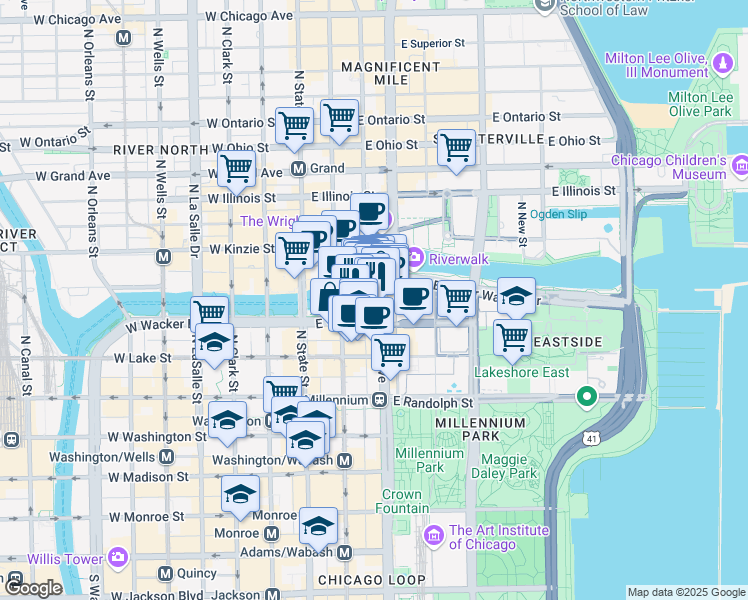 map of restaurants, bars, coffee shops, grocery stores, and more near 75 East Wacker Drive in Chicago