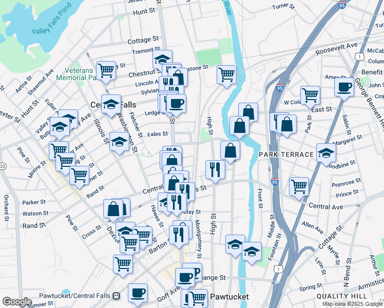map of restaurants, bars, coffee shops, grocery stores, and more near 120 Railroad Street in Central Falls