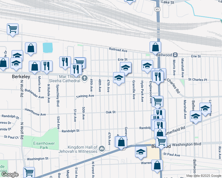 map of restaurants, bars, coffee shops, grocery stores, and more near 236 47th Avenue in Bellwood