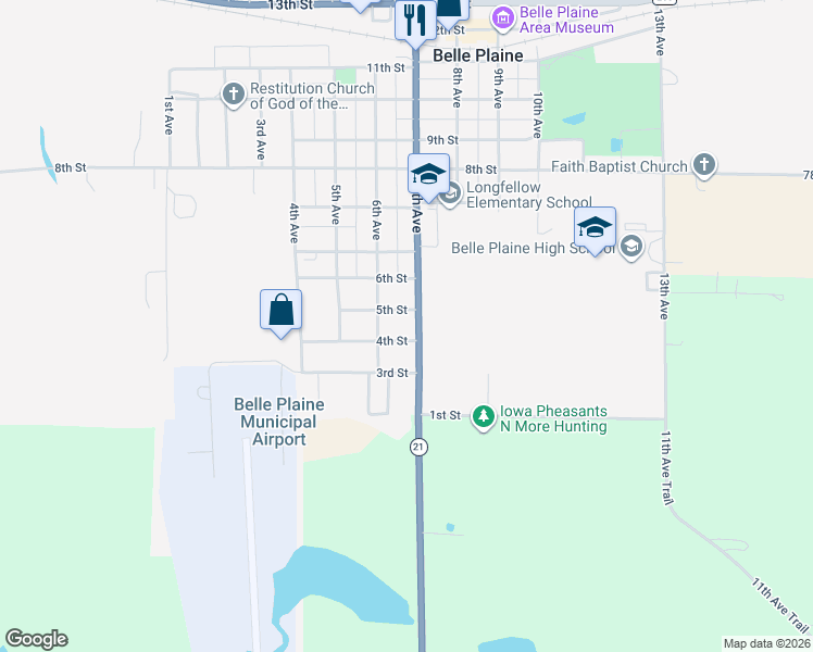 map of restaurants, bars, coffee shops, grocery stores, and more near 408 7th Avenue in Belle Plaine