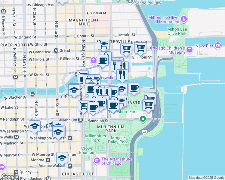 map of restaurants, bars, coffee shops, grocery stores, and more near 303 East Wacker Service Drive in Chicago