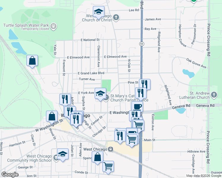 map of restaurants, bars, coffee shops, grocery stores, and more near 423 Virgie Place in West Chicago