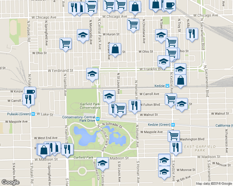 map of restaurants, bars, coffee shops, grocery stores, and more near 3500 West Carroll Avenue in Chicago