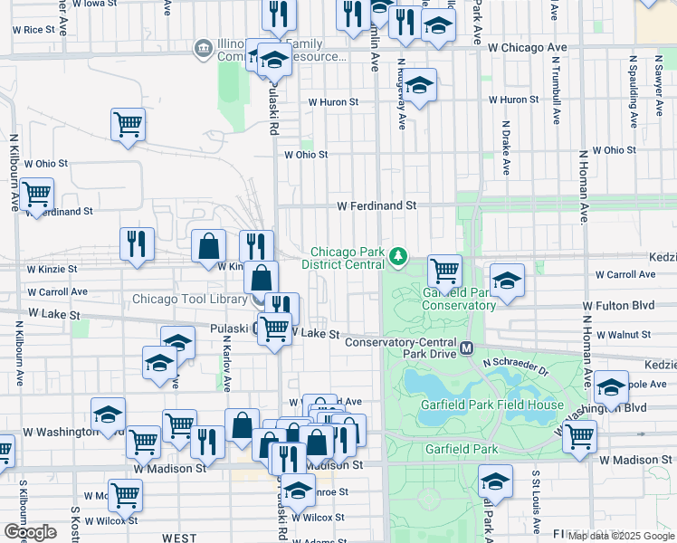 map of restaurants, bars, coffee shops, grocery stores, and more near 378 North Avers Avenue in Chicago