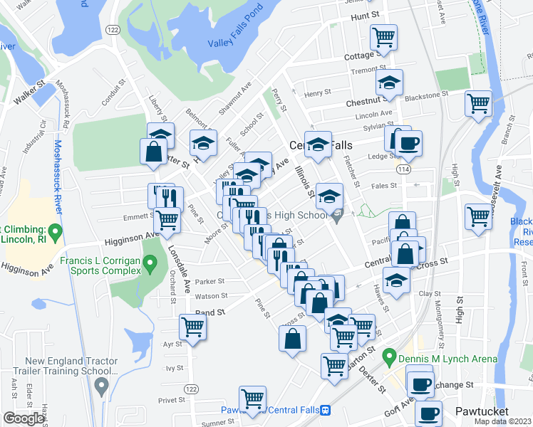 map of restaurants, bars, coffee shops, grocery stores, and more near 96 Sumner Avenue in Central Falls