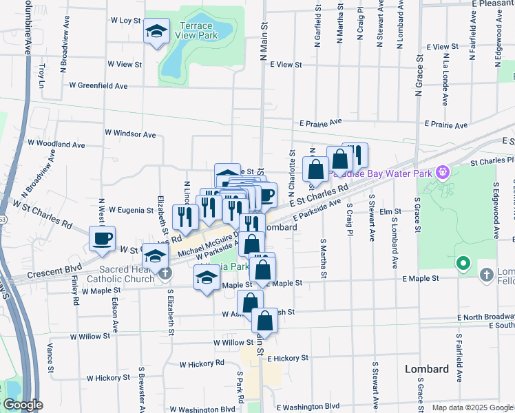 map of restaurants, bars, coffee shops, grocery stores, and more near 6 1/2 North Main Street in Lombard
