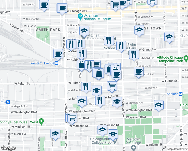 map of restaurants, bars, coffee shops, grocery stores, and more near West Carroll Avenue in Chicago