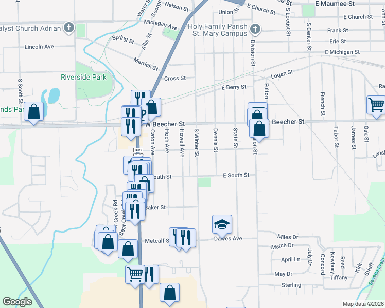 map of restaurants, bars, coffee shops, grocery stores, and more near 808 South Winter Street in Adrian