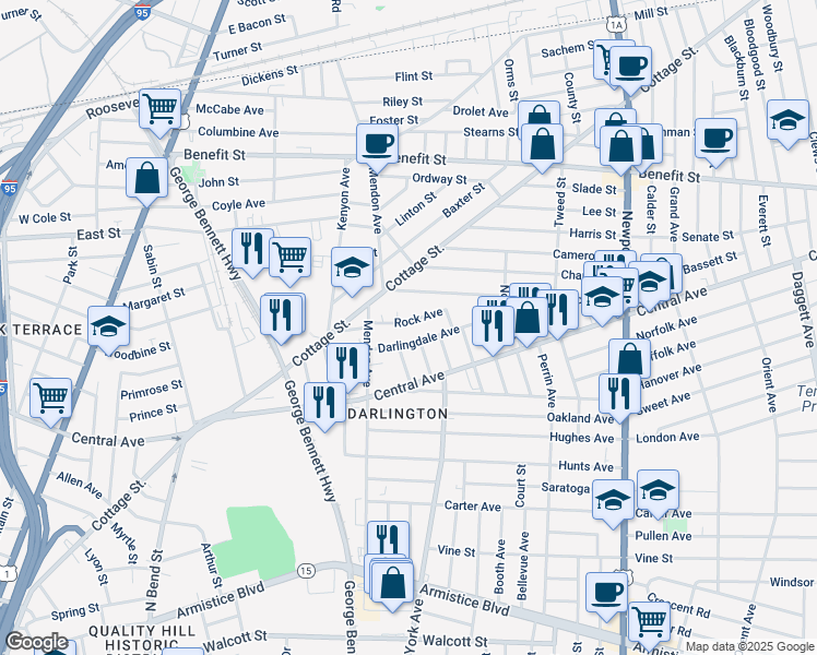 map of restaurants, bars, coffee shops, grocery stores, and more near 79 Rock Avenue in Pawtucket