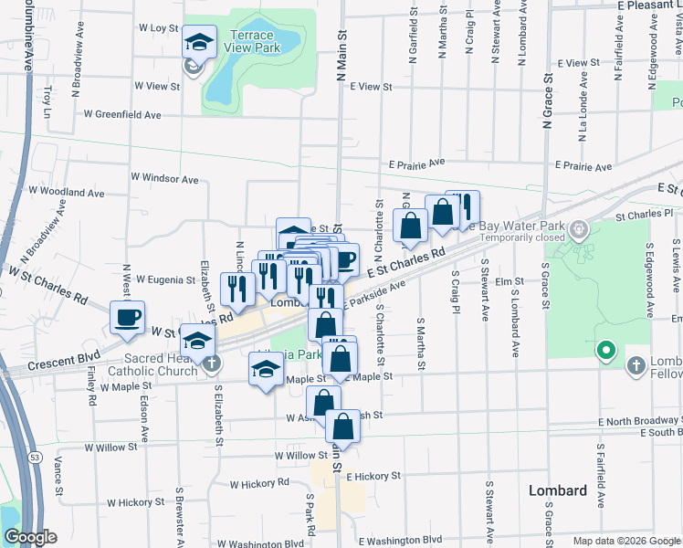 map of restaurants, bars, coffee shops, grocery stores, and more near 5 North Main Street in Lombard