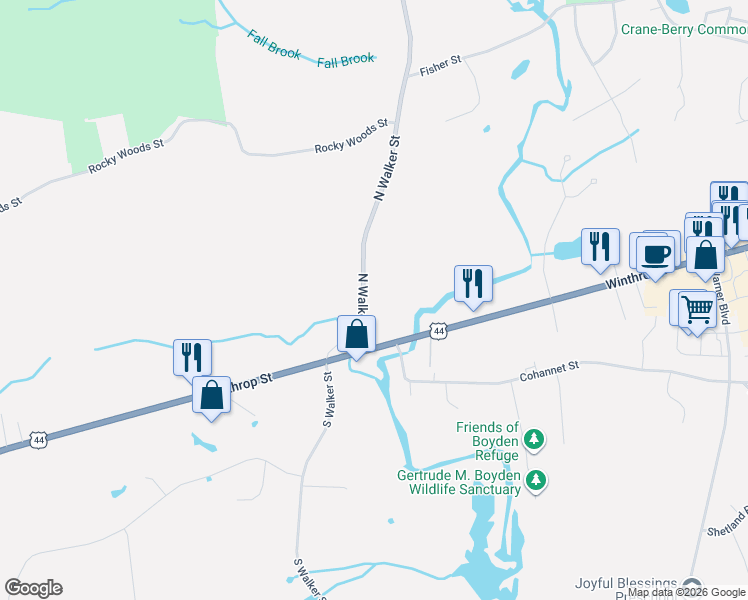 map of restaurants, bars, coffee shops, grocery stores, and more near 138 North Walker Street in Taunton