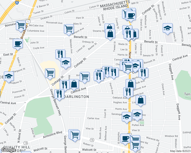 map of restaurants, bars, coffee shops, grocery stores, and more near 51 Makin Street in Pawtucket