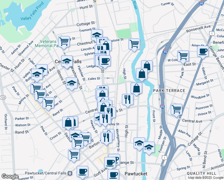 map of restaurants, bars, coffee shops, grocery stores, and more near in Central Falls